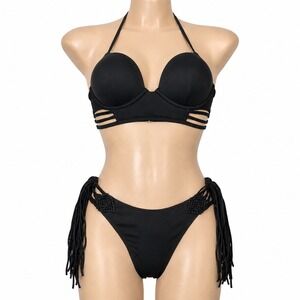 NWT Victoria's Secret Archives Black Fringe Bikini Set 34C/Small Push Up Macrame
